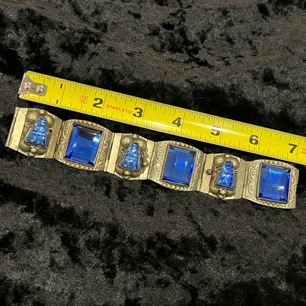 Vintage Taxco Signed Sterling Silver Blue Glass Panel Link Bracelet - Picture 5 of 11